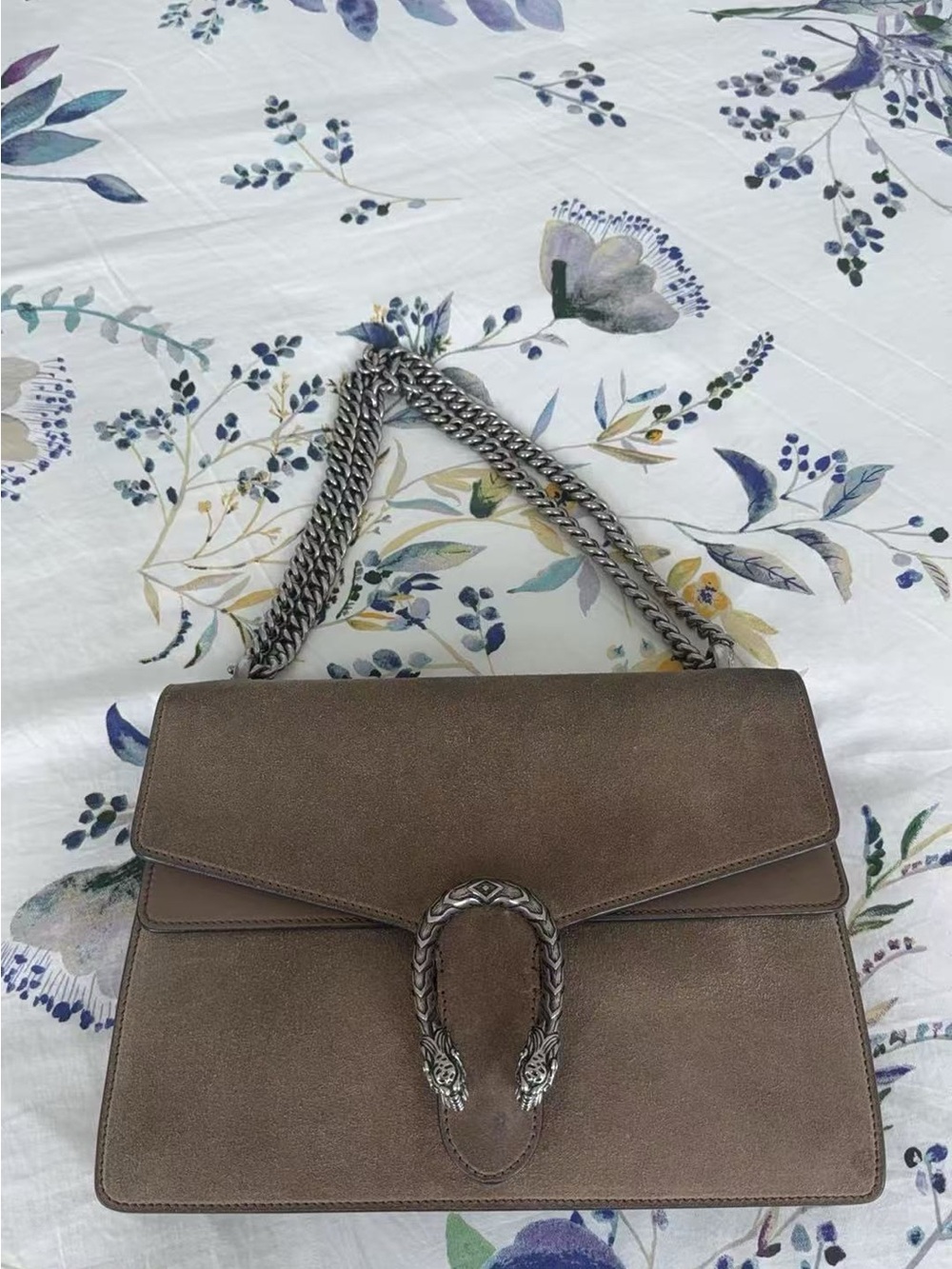 Gucci Taupe Brown Suede Shoulder Bag with Silver Chain